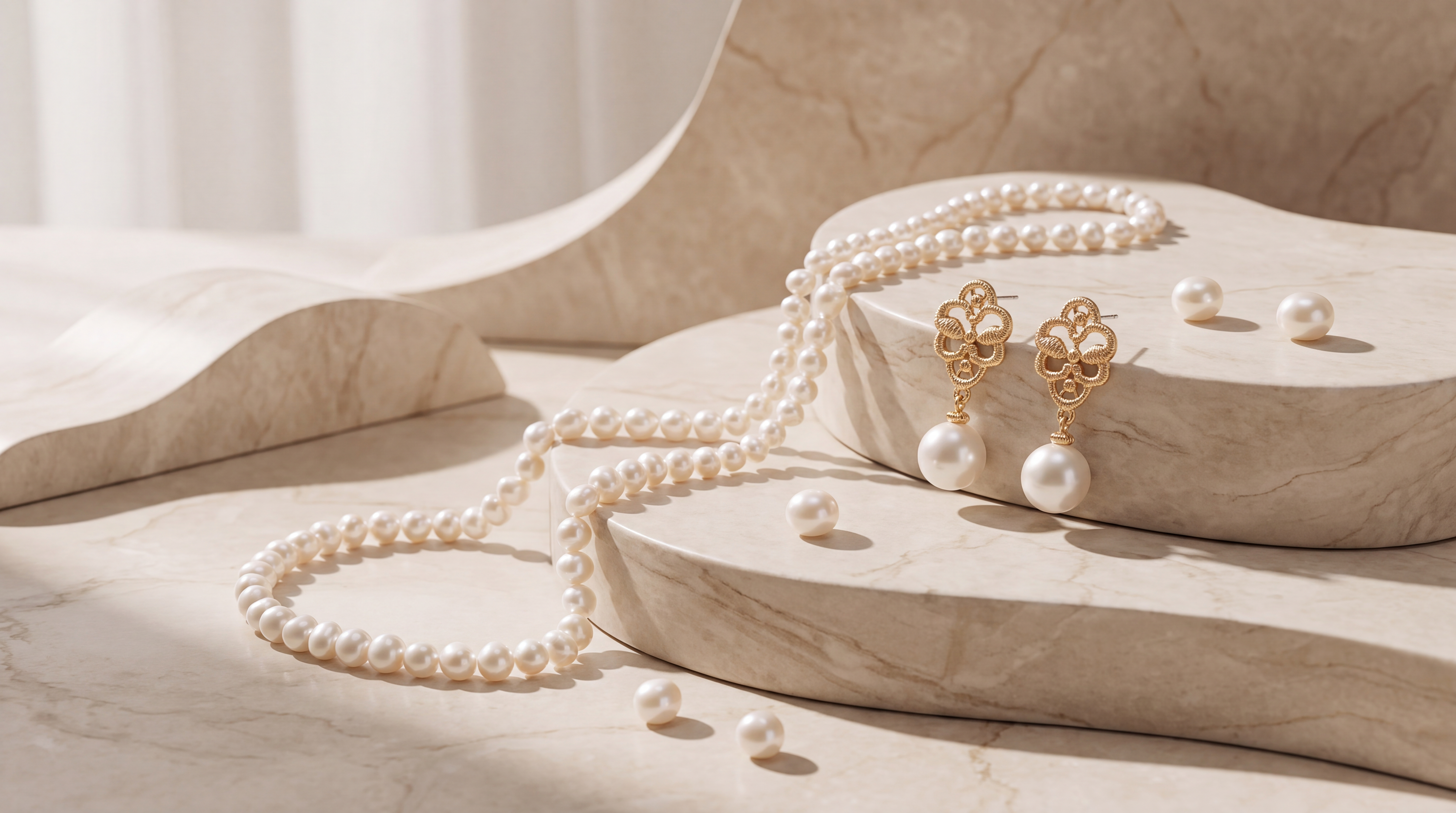 The pearl ornaments placed on the marble countertop