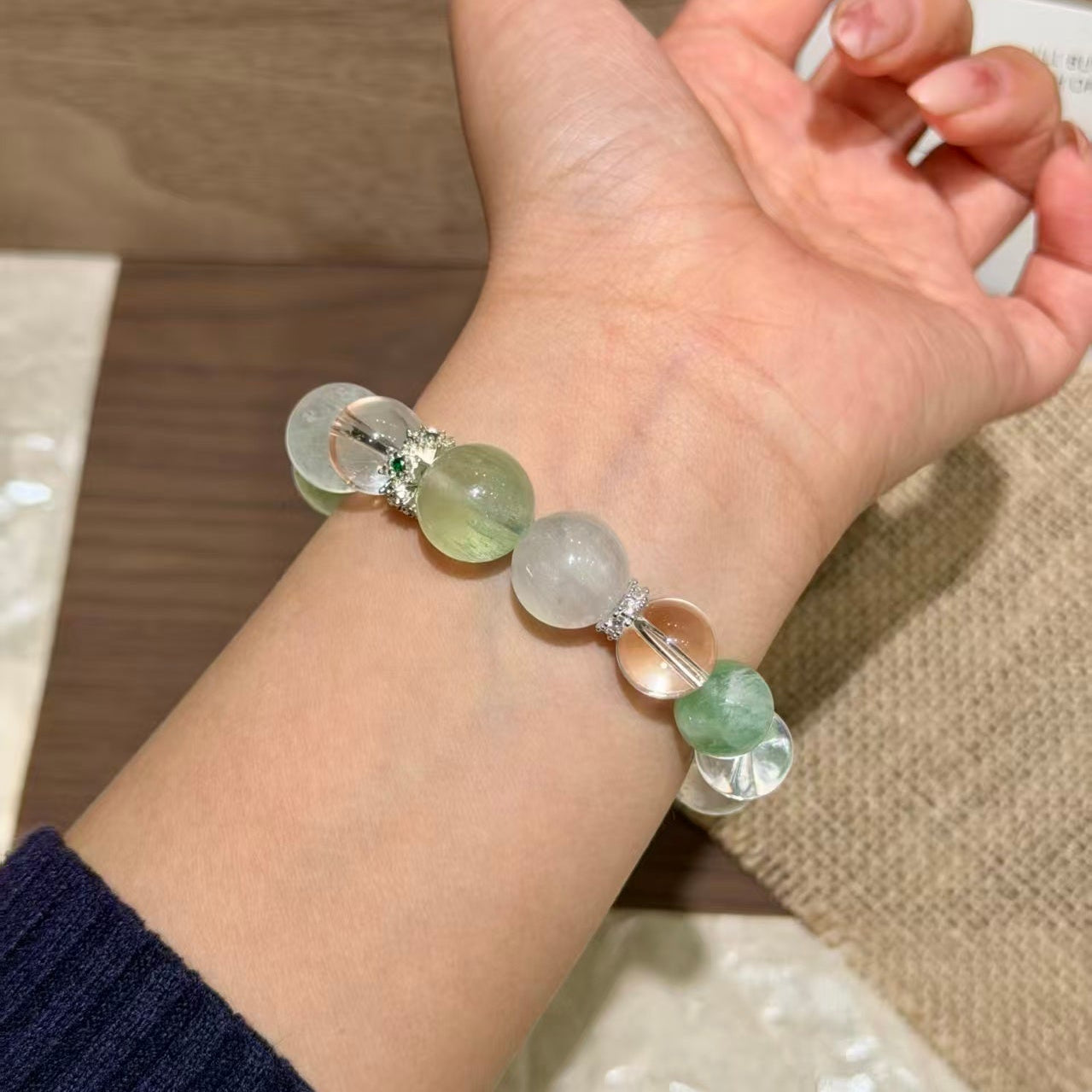 Natural Green Fluorite & Clear Quartz Clarity Crystal Bracelet