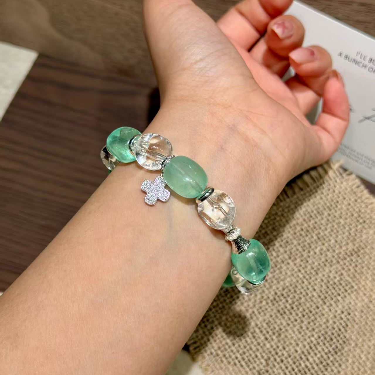 Natural Green Fluorite & Freeform Clear Quartz Charm Bracelet