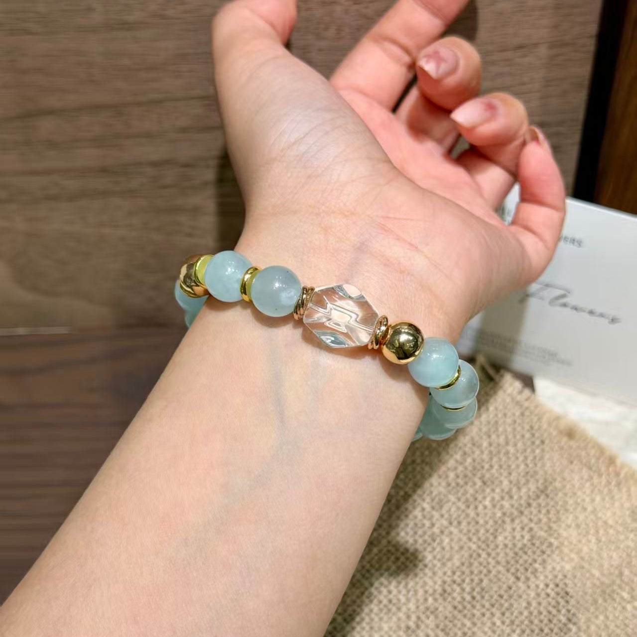 Natural Aquamarine & Freeform Clear Quartz Calming Ocean Crystal Bracelet
