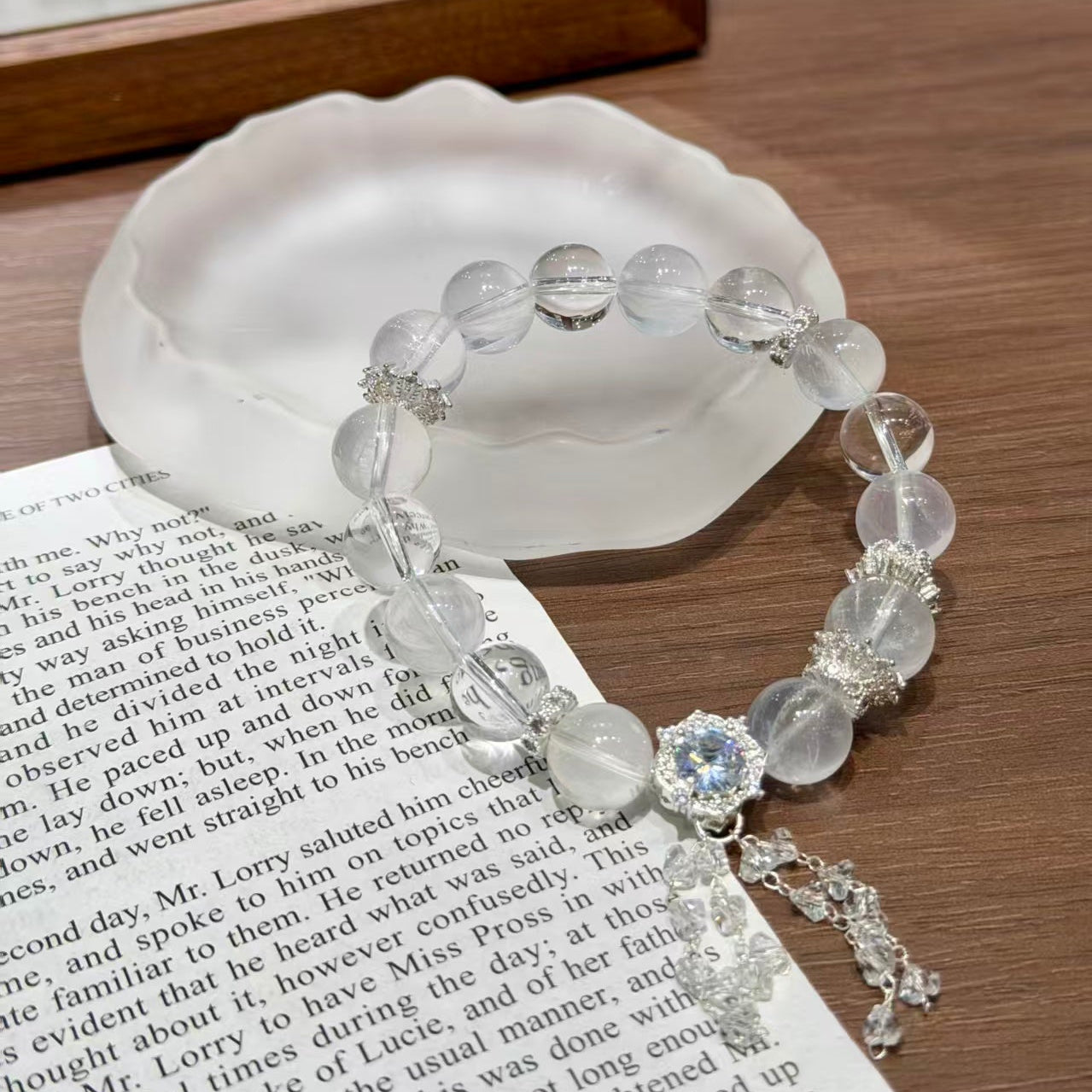 Natural Clear & Milky Quartz Fairy Tassel Charm Crystal Bracelet