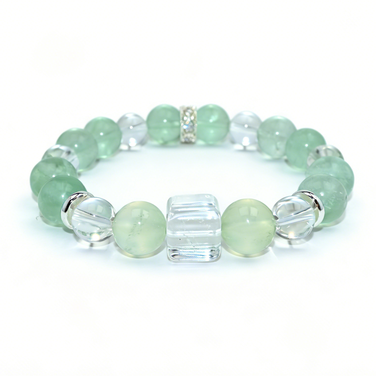 Prehnite, Green Fluorite & Clear Quartz Bracelet-Verdant Dew