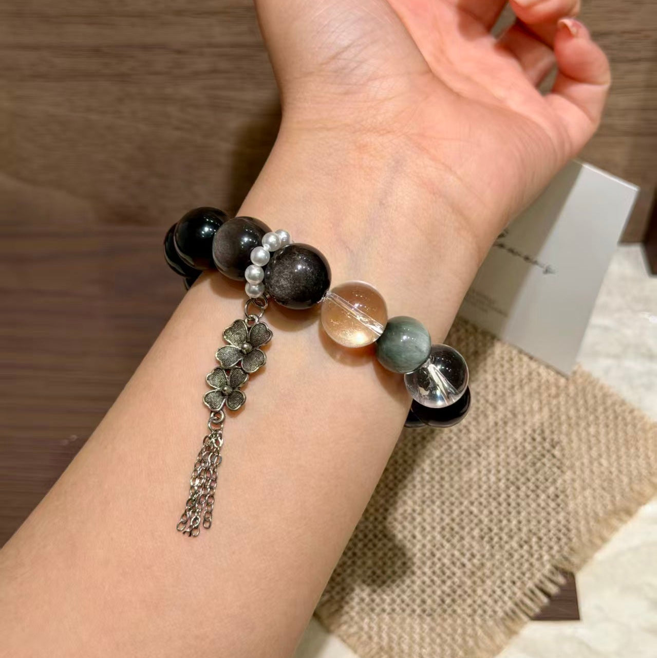 Natural Silver Obsidian & Hawk's Eye Protection Charm Bracelet