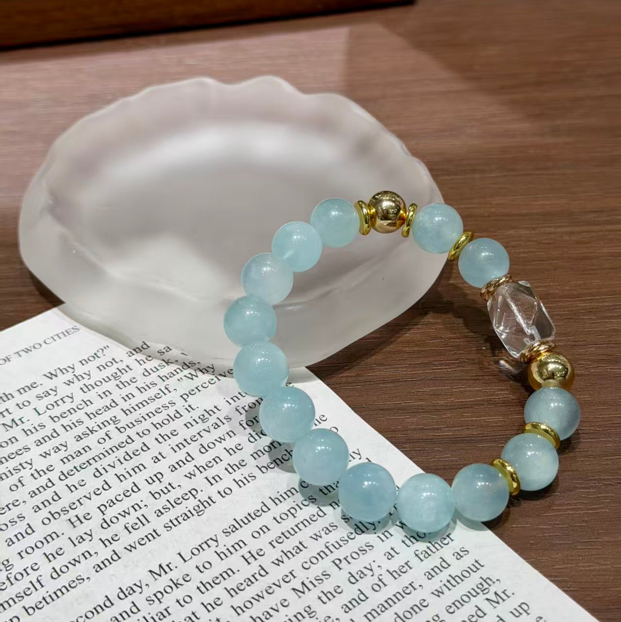 Natural Aquamarine & Freeform Clear Quartz Calming Ocean Crystal Bracelet