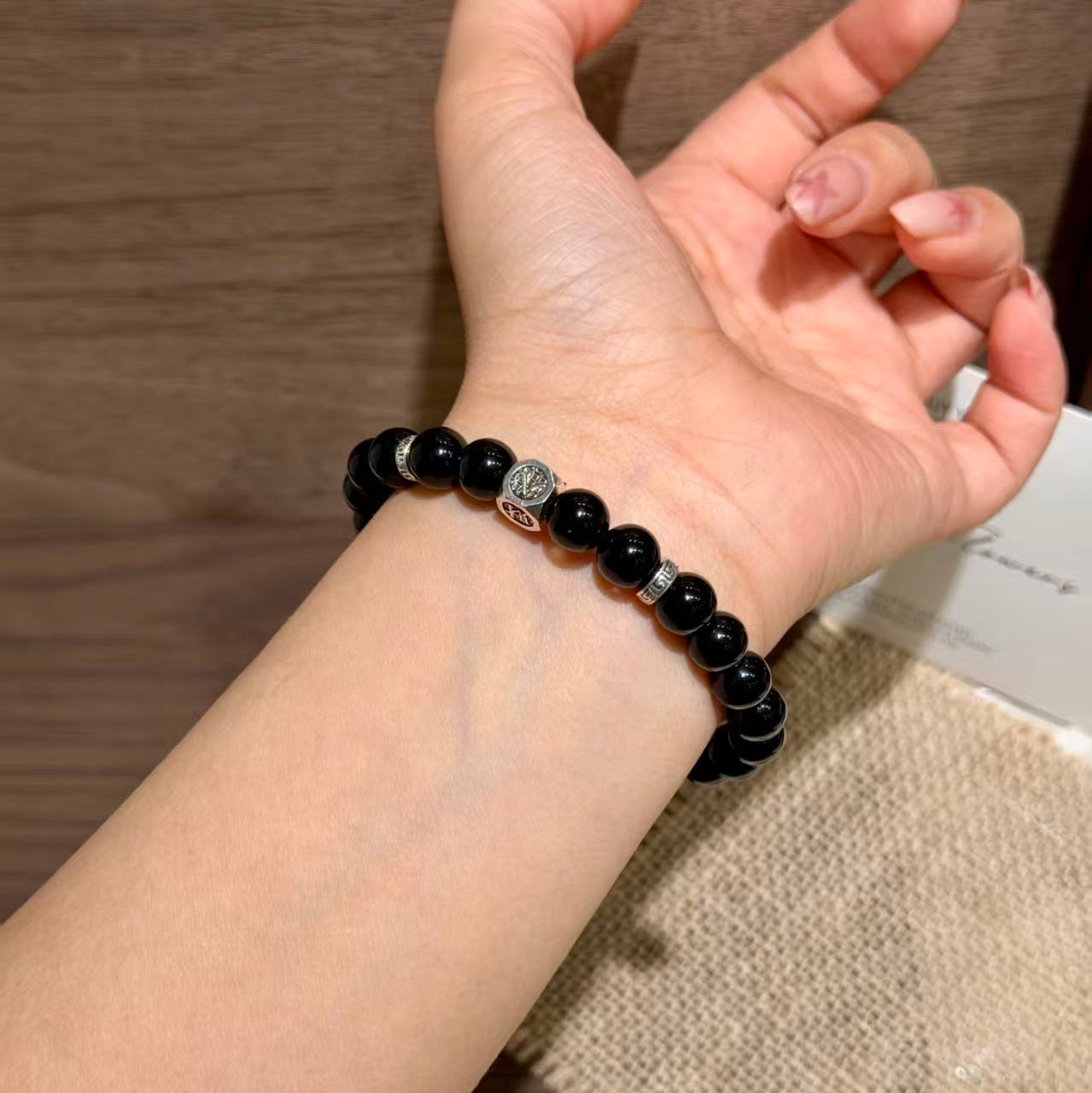 Natural Black Obsidian Vintage Silver Protection Crystal Bracelet