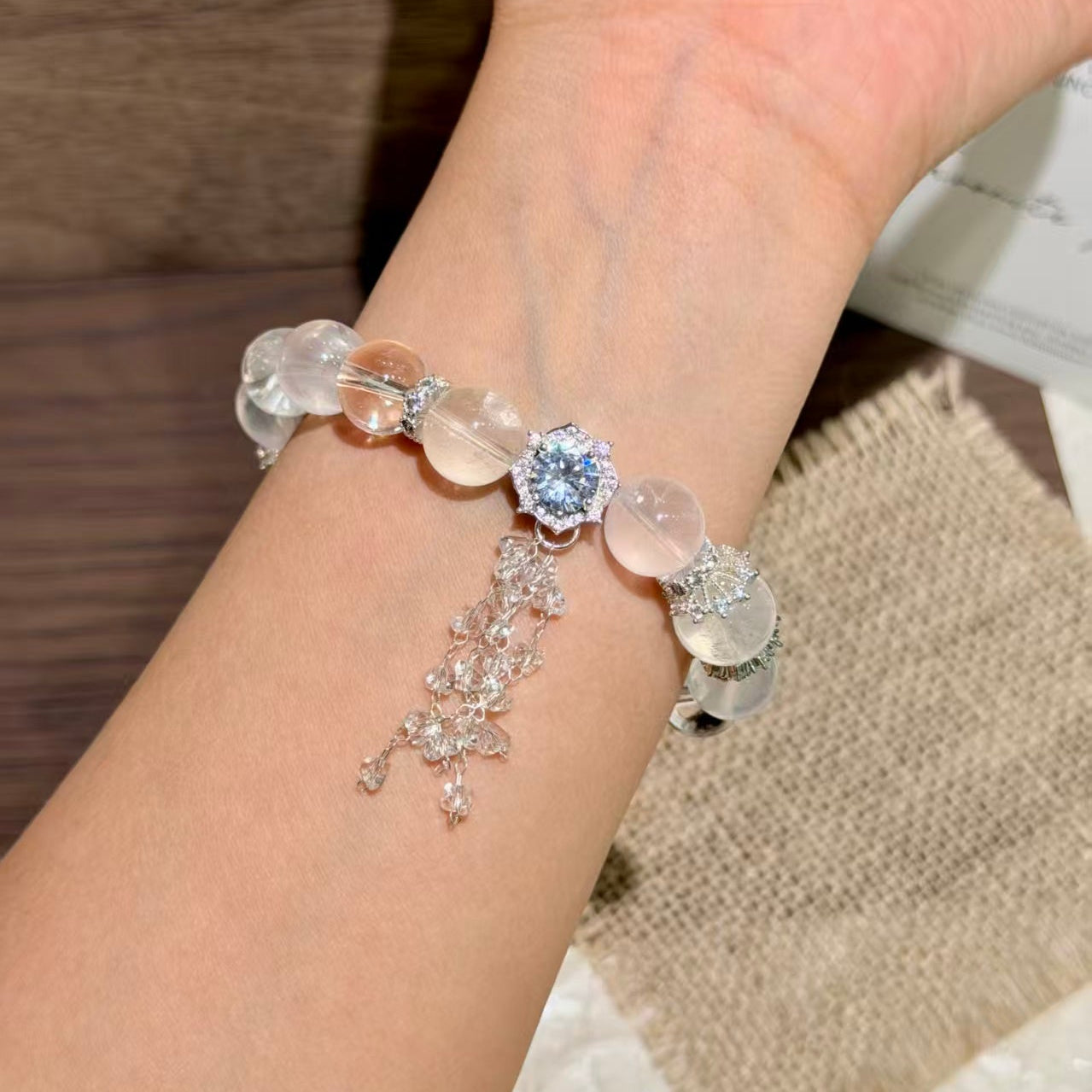 Natural Clear & Milky Quartz Fairy Tassel Charm Crystal Bracelet