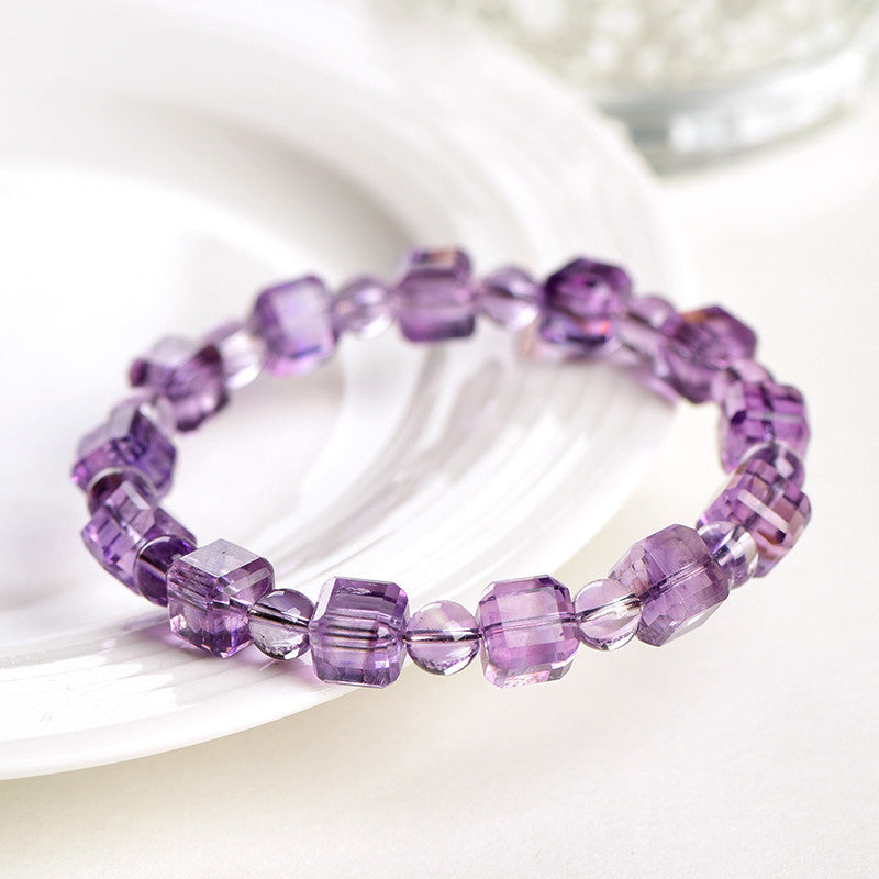 Natural Amethyst Faceted Cube Calming Geometric Crystal Bracelet